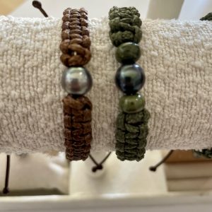 MES TISSAGES : Bracelet homme - coton ciré marron - 1 Perle de Tahiti